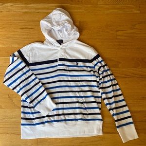 Polo RL long sleeve tshirt hoodie, boys M(10-12). White w blue stripes, grt cond